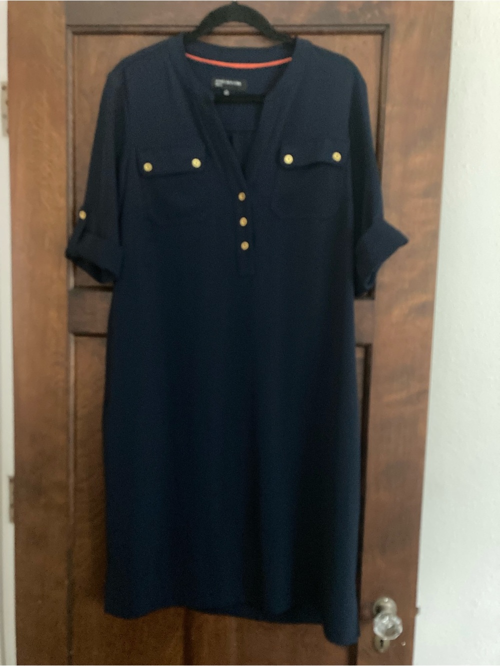 Jones New York Navy Midi Shirt Dress with Gold Buttons and Self Tie Belt